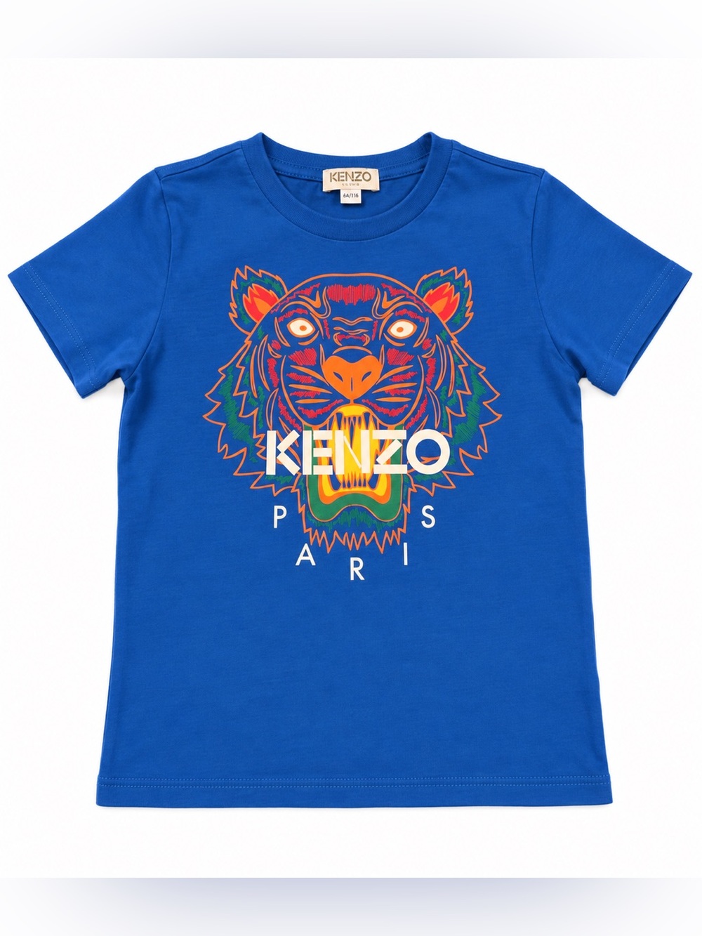 KENZO Blue Short Sleeve Tee with Multicolor Tiger Graphic